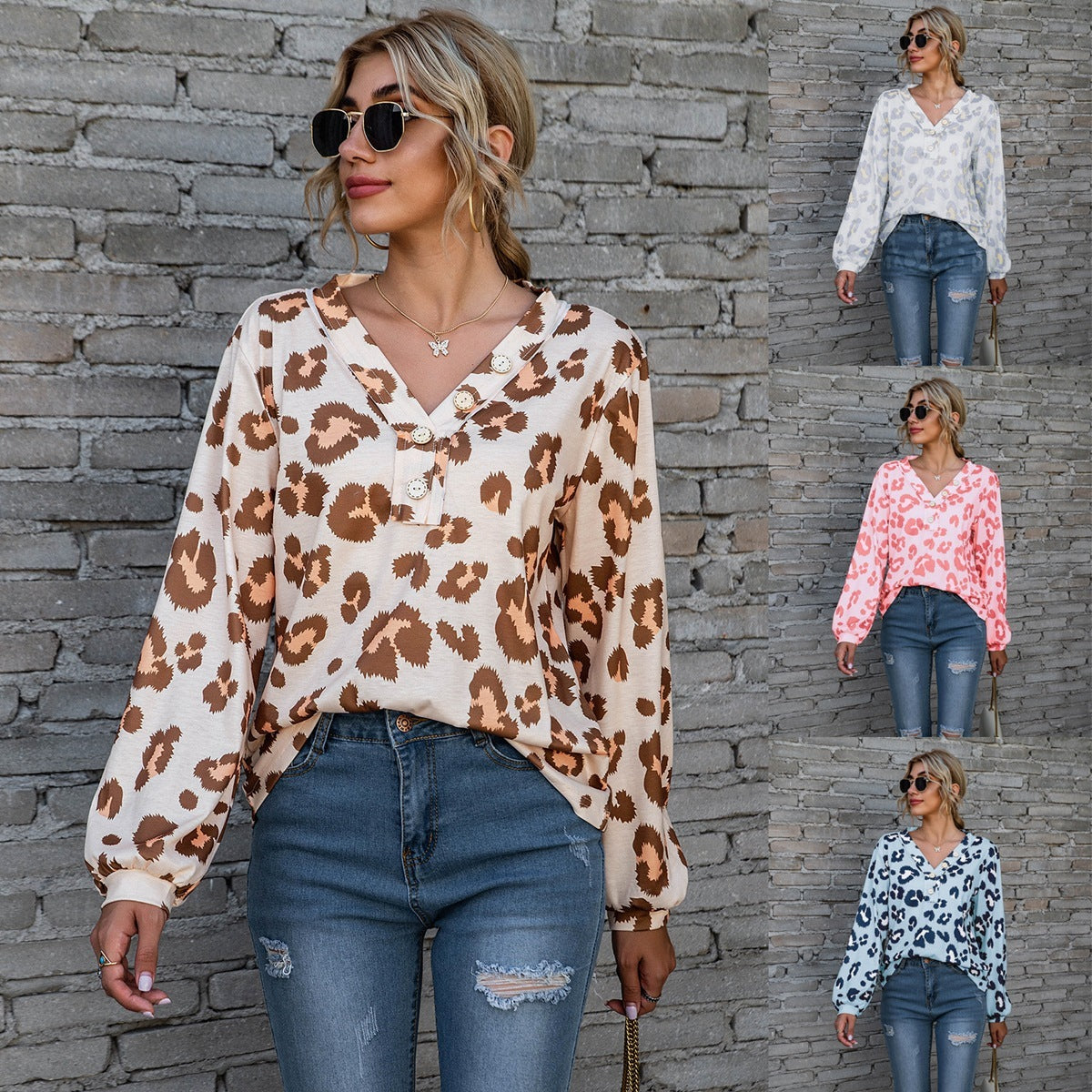 Leopard Print V-neck T-shirt Fashion Loose Long Sleeve Tops For Women Clothing