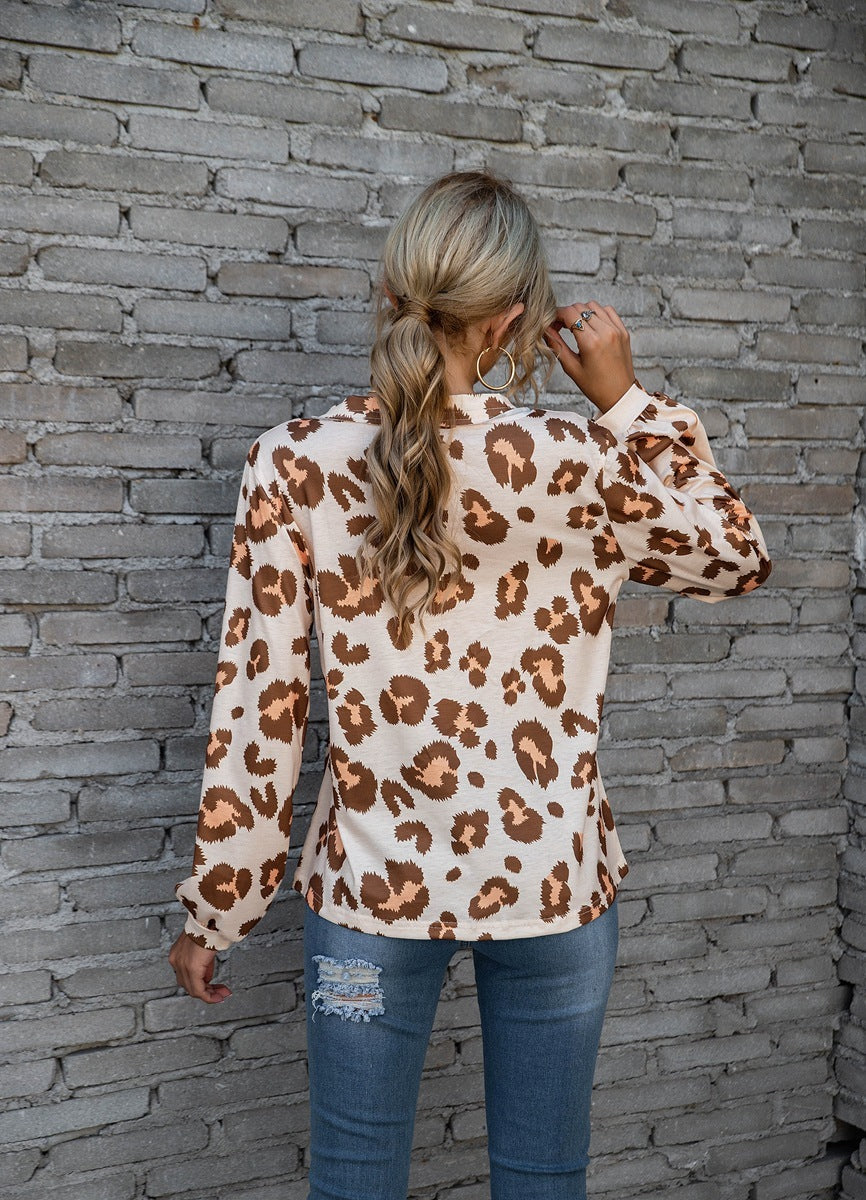 Leopard Print V-neck T-shirt Fashion Loose Long Sleeve Tops For Women Clothing