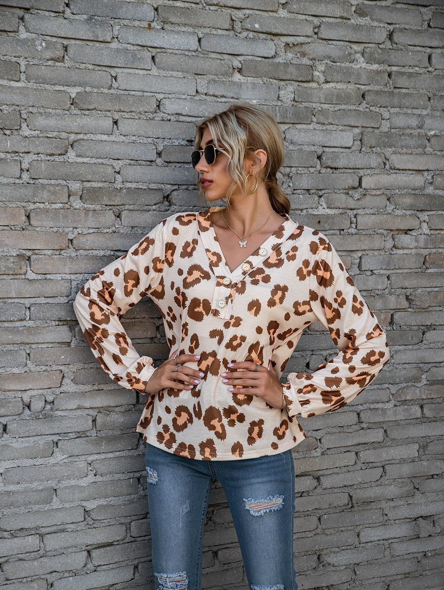 Leopard Print V-neck T-shirt Fashion Loose Long Sleeve Tops For Women Clothing