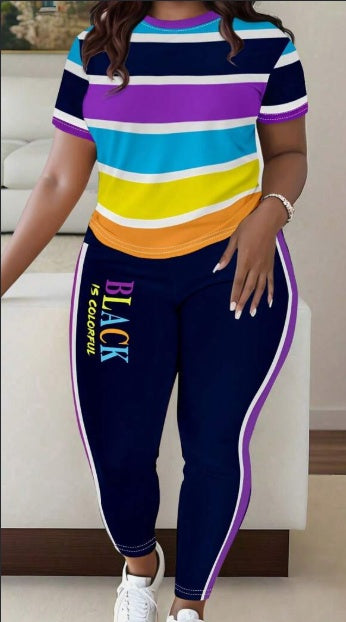 Women Fashionable Colorful Stripe Print T-Shirt And Pants Casual Set