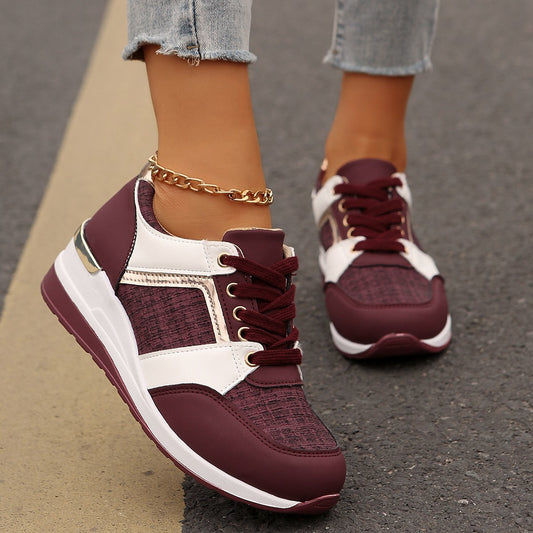 Colorblock Lace-Up Sneakers Fashion Casual Thick-soled Sports Shoes Women's Round Toe Slip On Casual Shoes