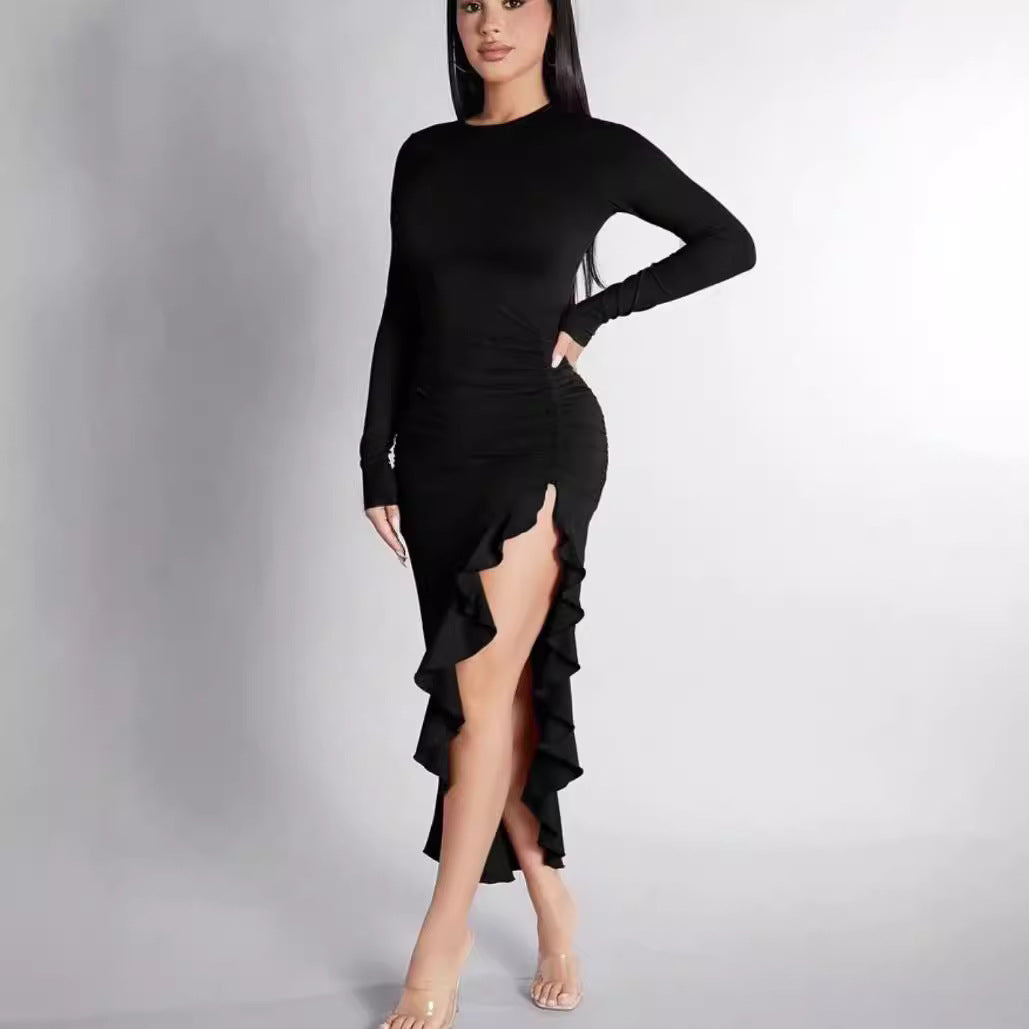 Round Neck Long Sleeve Slim Solid Color Frill Split Ruffled Dress