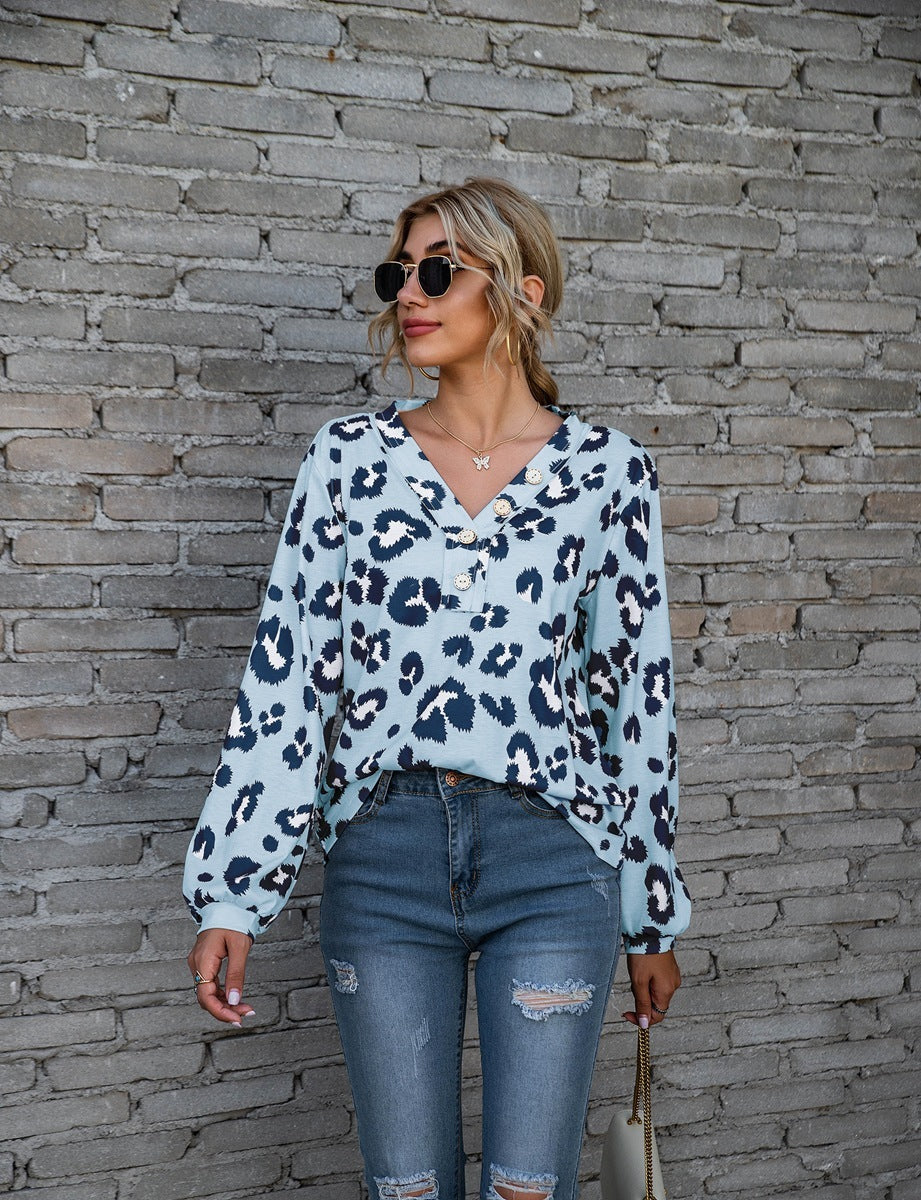 Leopard Print V-neck T-shirt Fashion Loose Long Sleeve Tops For Women Clothing