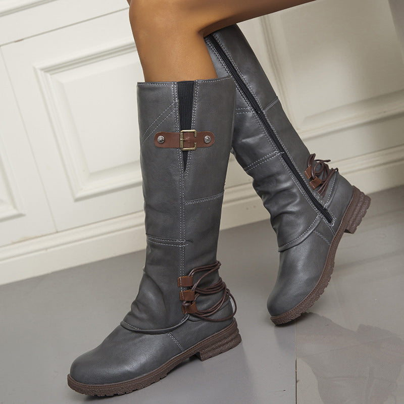 Fashion Casual Round Toe Square Heel Women's High-top Fashion Leather Boots